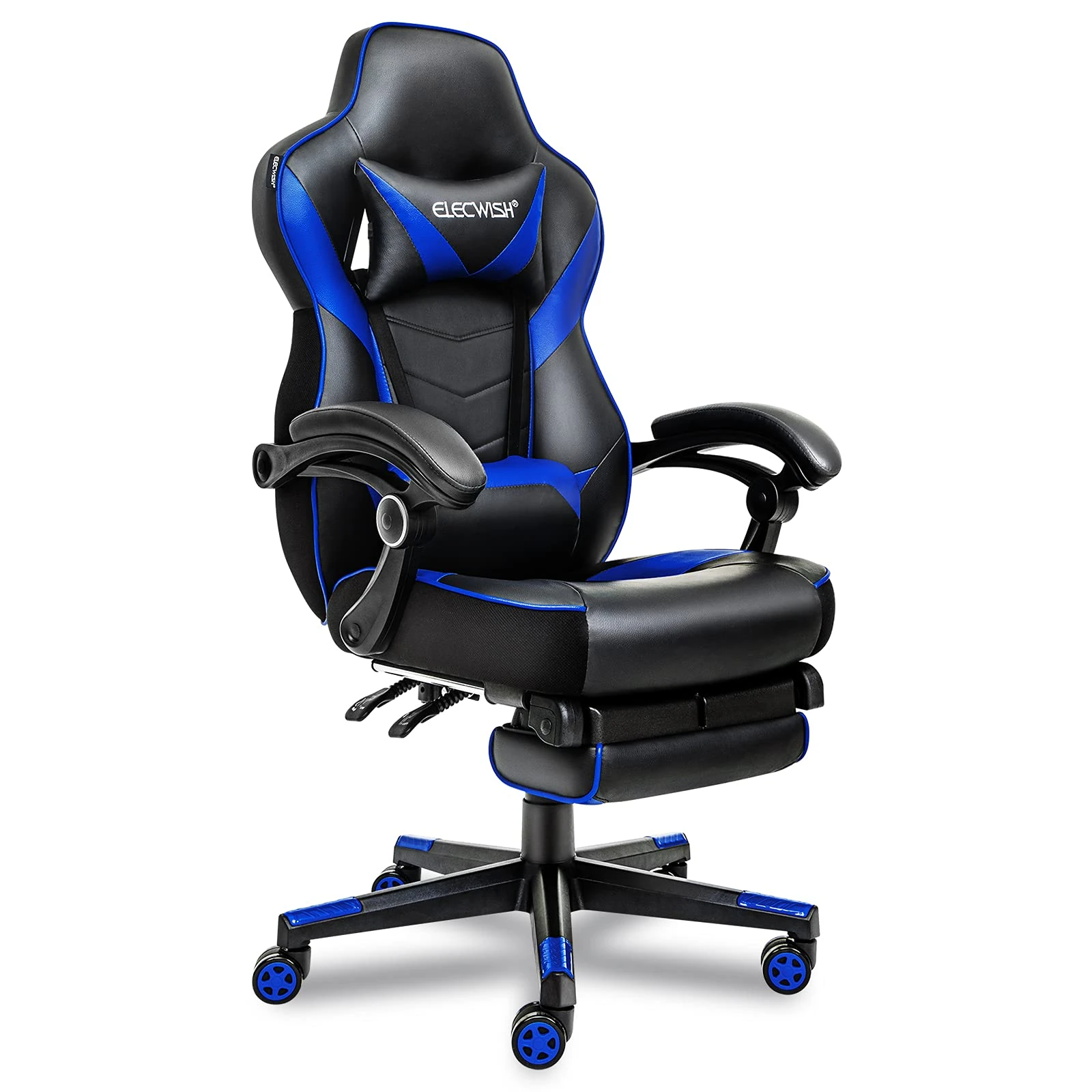 Fullwatt Video Racing Gaming Chair with Footrest for Adults PU Leather High Back Adjustable Chairs Swivel Office Desk Chair with Lumbar,Headrest(BLACK & BLUE)