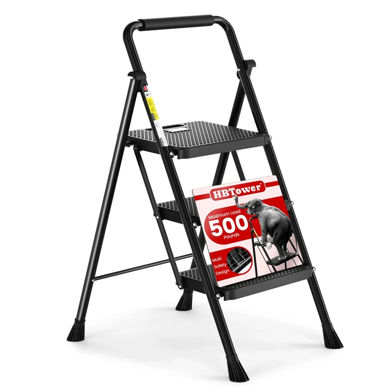 HBTower 3 Step Ladder, Folding Step Stool with Wide Non-Slip Pedal, Sturdy Steel Ladder, Comfortable Handle, Lightweight, Portable Steel Step Stool, Black