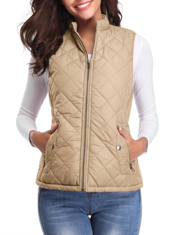 fuinloth Women's Quilted Gilet, Lightweight Body Warmer Padded Outdoor Vest Sleeveless Jacket Khaki Small
