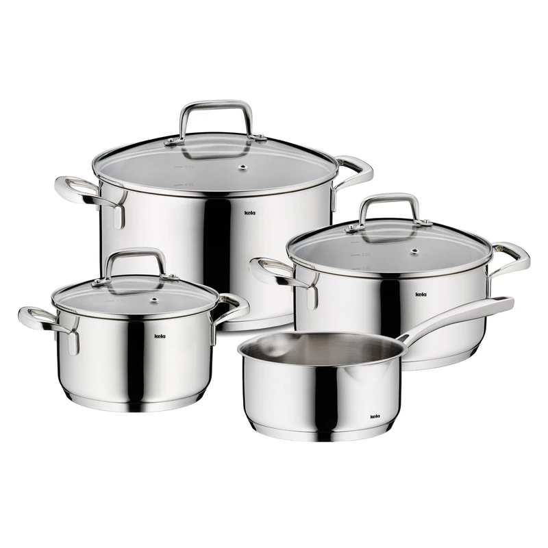 kela pot set induction 4-piece FLAVORIA, cooking pot set with glass lid with steam outlet valve, inner scale, uncoated