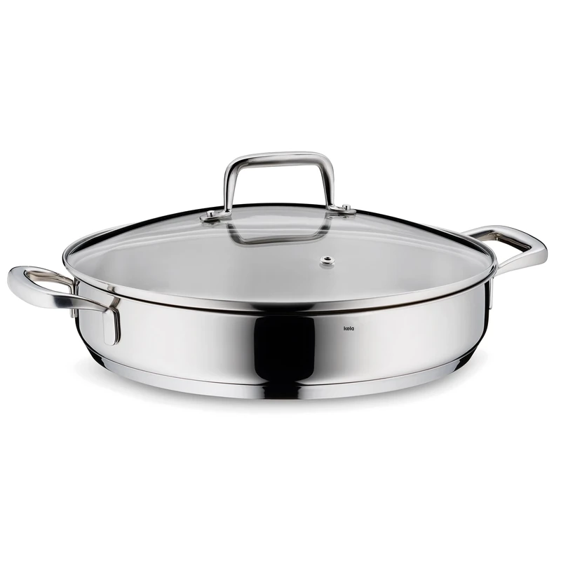 kela stainless steel serving casserole 28 cm high rim FLAVORIA, 3.2L induction serving pan with lid, steam outlet valve, uncoated casserole