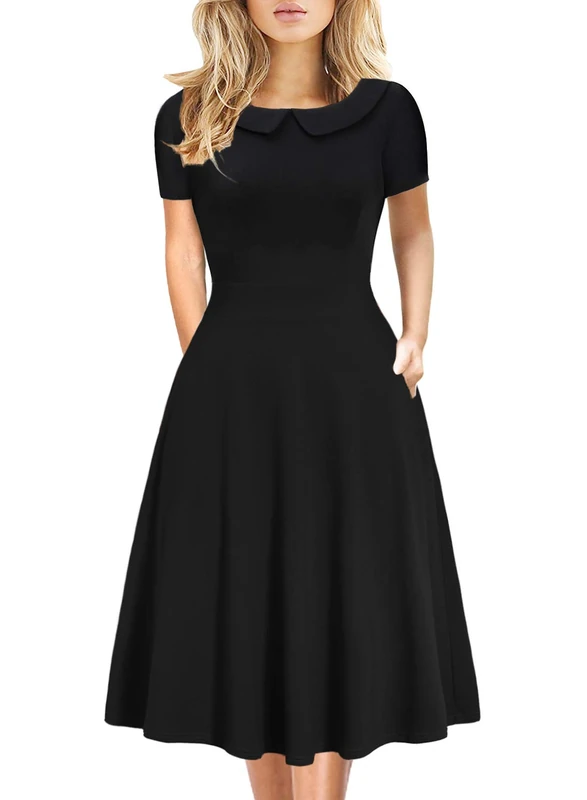 Professional Retro Clothing for Women Vintage 50s 60s Casual Party Peter Pan Collar Wear to Work A-Line Swing Dress with Pockets 978 (Solid Black, XL), Solid Black-978, XL