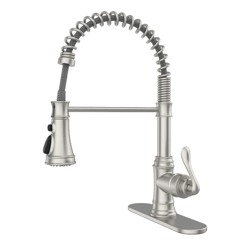 BWE Kitchen Sink Faucet Brushed Nickel with Deck Plate Single Handle Lever with Pull Down Sprayer 3 Function High Arc Farmhouse Commercial Bar Kitchen Faucet