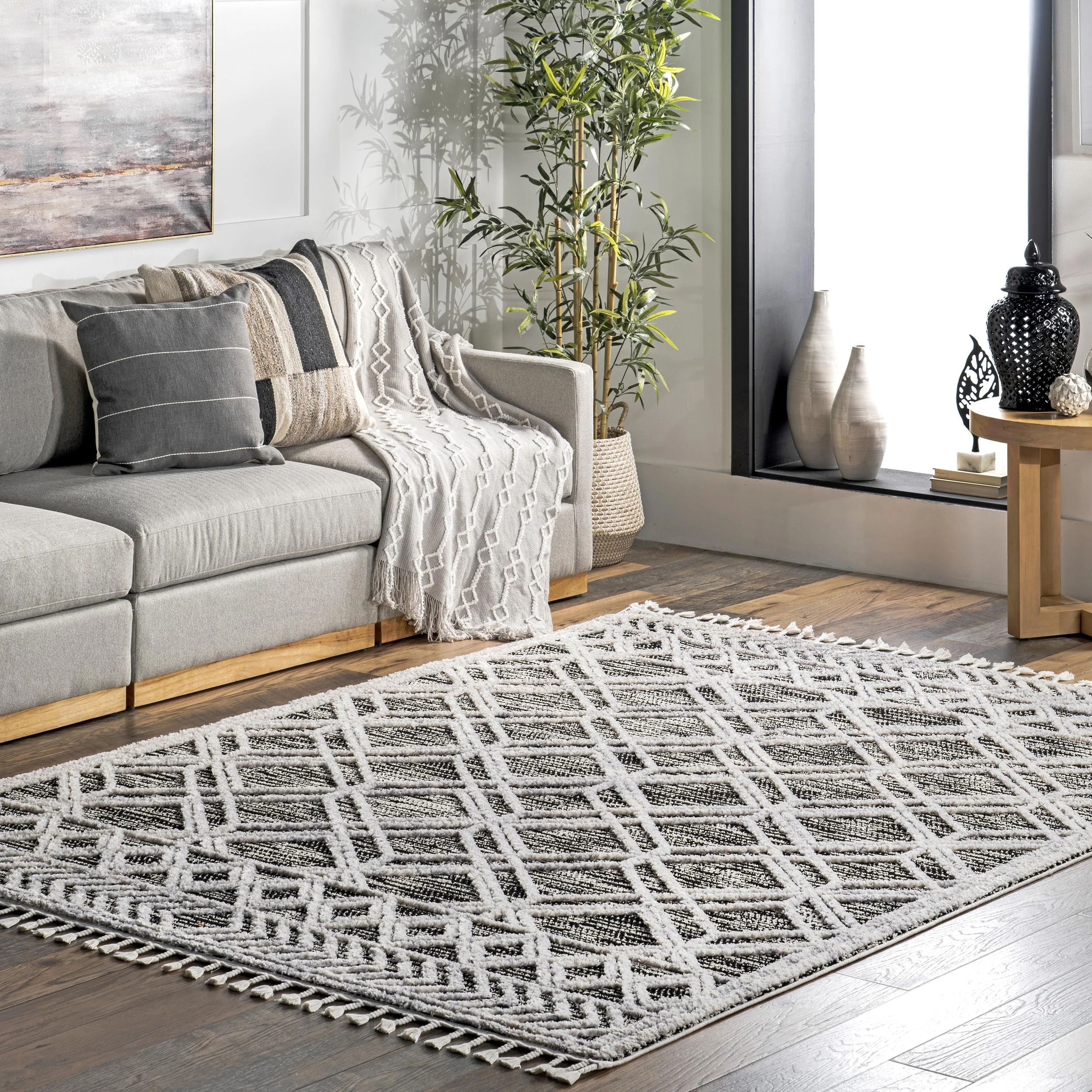nuLOOM Ansley Soft Lattice Textured Tassel Area Rug 7' 10" x 10' 10" Grey