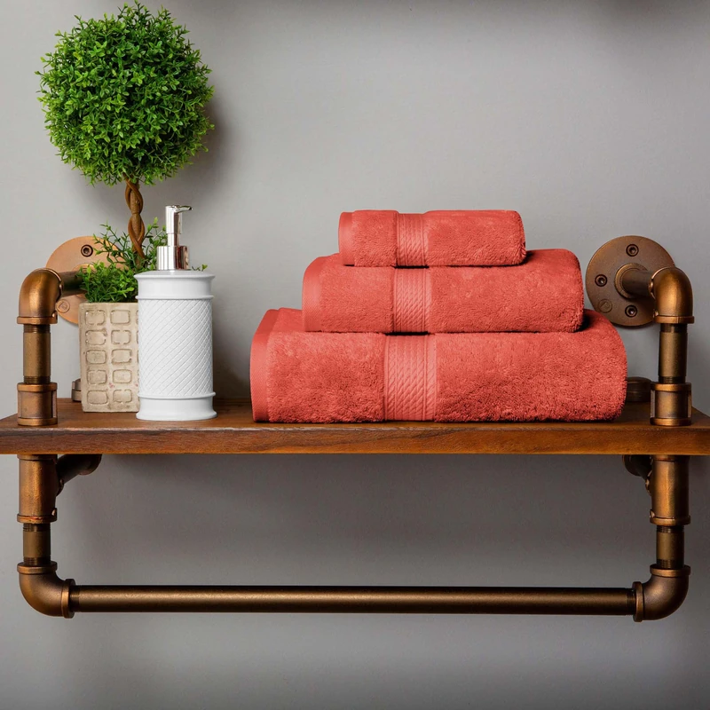 Superior Egyptian Cotton Pile 3 Piece Towel Set, Includes 1 Bath, 1 Hand, 1 Face Towel/Washcloth, Ultra Soft Luxury Towels, Thick Plush Essentials, Guest Bath, Spa, Hotel Bathroom, Coral