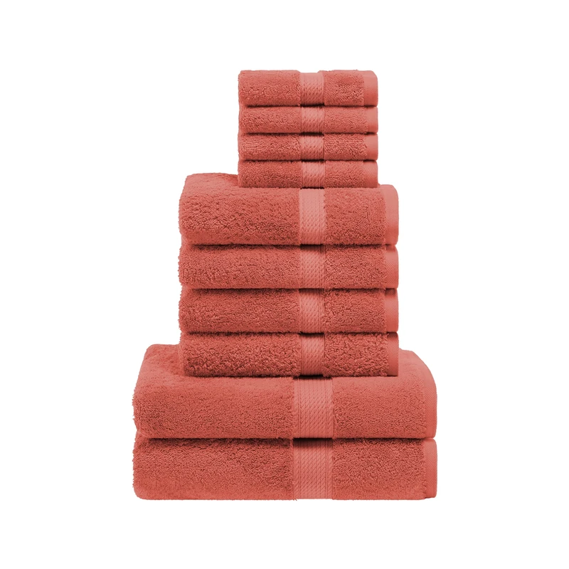 Superior Egyptian Cotton Solid Towel Set, Washcloths 13” x 13”, Hand Towels 20” x 30”, Bath Towels 30” x 55”, Coral, 10-Pieces