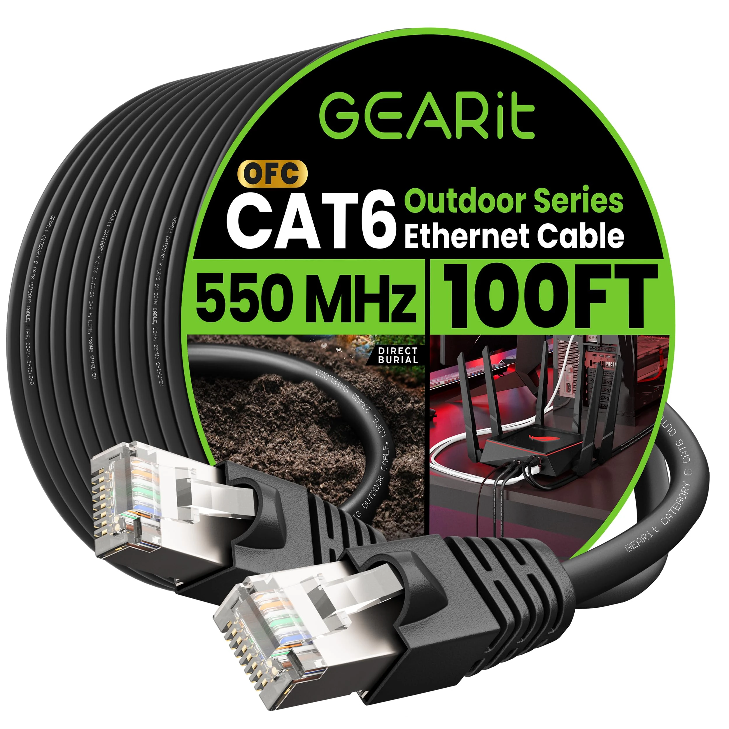 GEARit Cat6 Outdoor Ethernet Cable (100ft) 23AWG Pure Copper, FTP, LLDPE, Waterproof, Direct Burial, In-Ground, UV Resistant, POE, Network, LAN, Internet, Cat 6, Cat6 Cable - 100 Feet