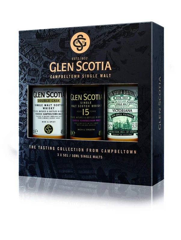 Glen Scotia Single Malt Whisky Gift Set 3x5cl | Multi Award Winning Campbeltown Scotch Whisky Miniatures Including: Double Cask, 15-Year-old and Victoriana | Premium Whisky Gifts for Men