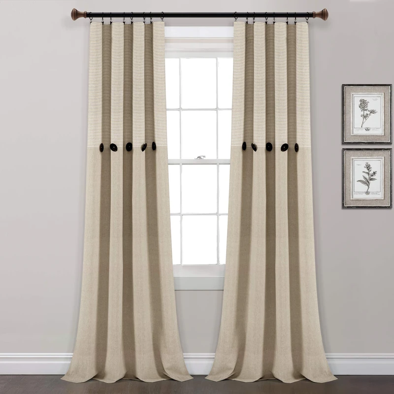 Lush Decor Beige Linen Farmhouse Woven Cotton Window Curtain Panel Set, Button Stripe, Yarn Dyed (84" x 40")