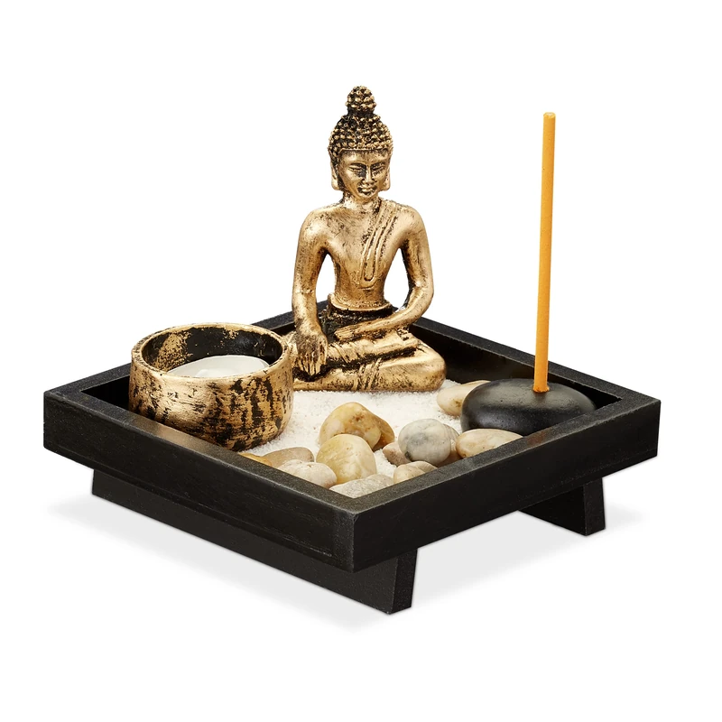 Relaxdays Zen Garden Buddha Statue, Tranquillity Set, Pebbles, Sand, Joss Stick, Tea Light, Feng Shui Decoration, Black - Image 1