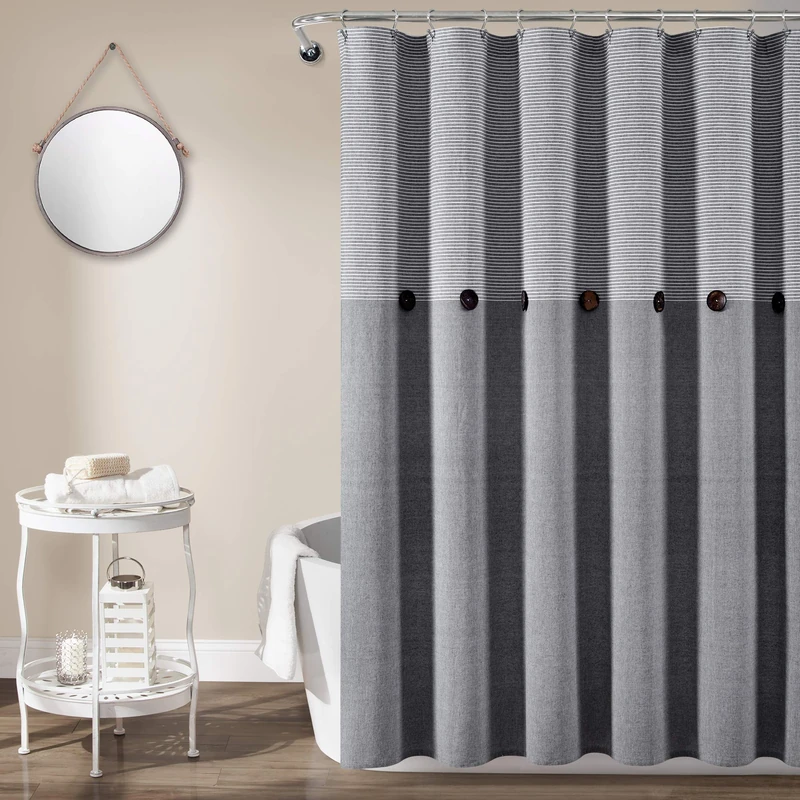 Lush Decor 16T005473 Gray Linen Woven Cotton Shower Curtain, Farmhouse Button Stripe, Yarn Dyed (72" x 72")