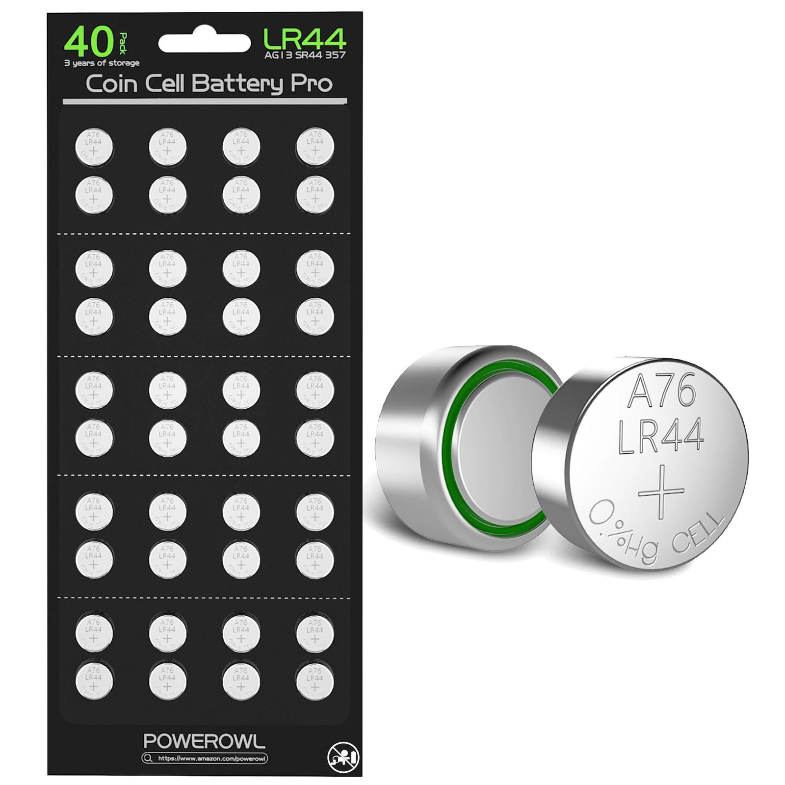 POWEROWL 40 x LR44 Batteries, High Capacity AG13 SR44 L1154F A76 Premium 1.5V Button Coin Cell Battery for Christmas decorations, Key Fobs, Car Keys and More
