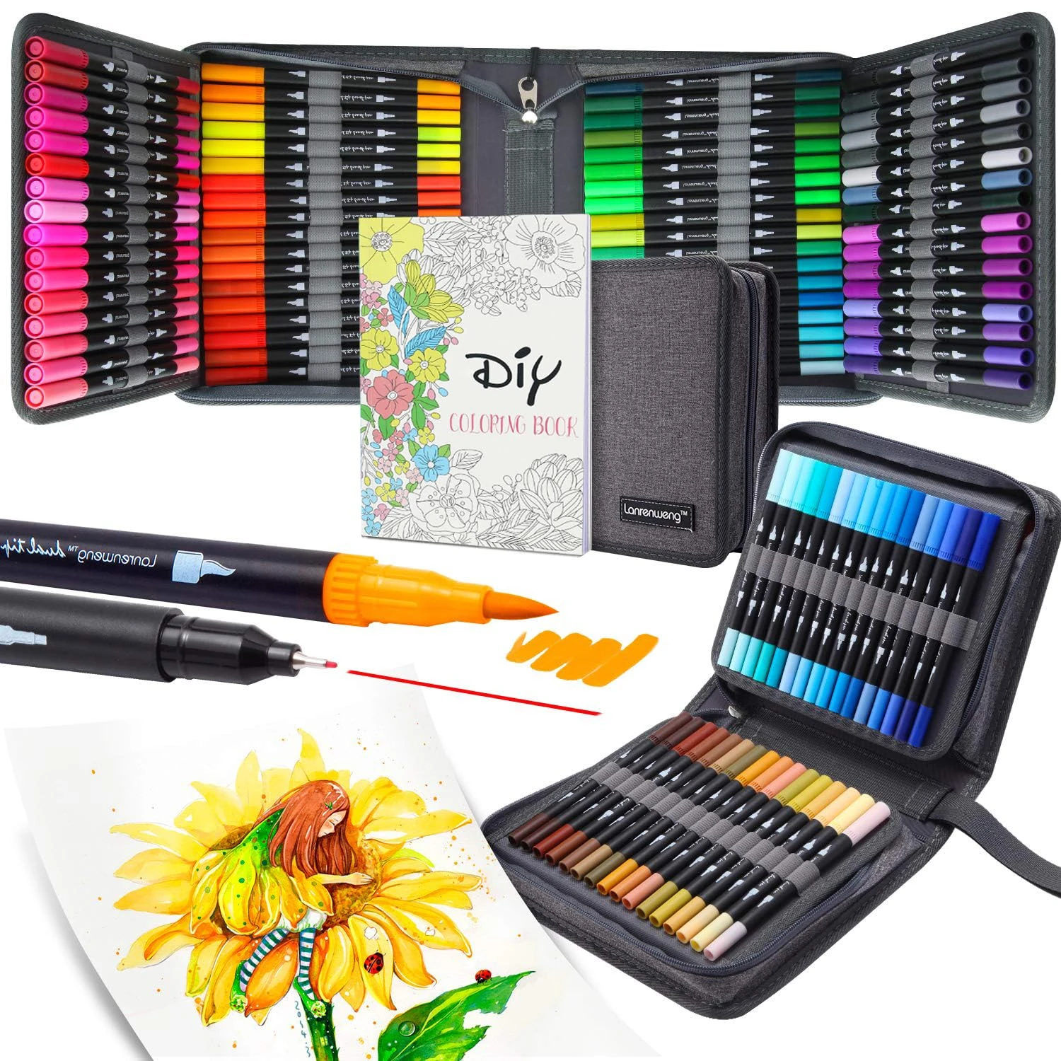 100 Colouring Pens, Dual Tip Brush Marker Pens with Fineliner & Brush Tip Pens Felt Tip Pens Set,Colouring Markers Watercolour Brush with Case for Adults Kids Colouring Calligraphy Drawing Sketching