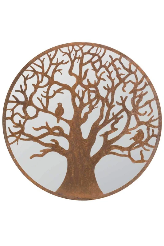 MirrorOutlet Small Bird Tree Design Round Garden Mirror 60 x 60 CM 2ft x 2ft,Brown - Image 1