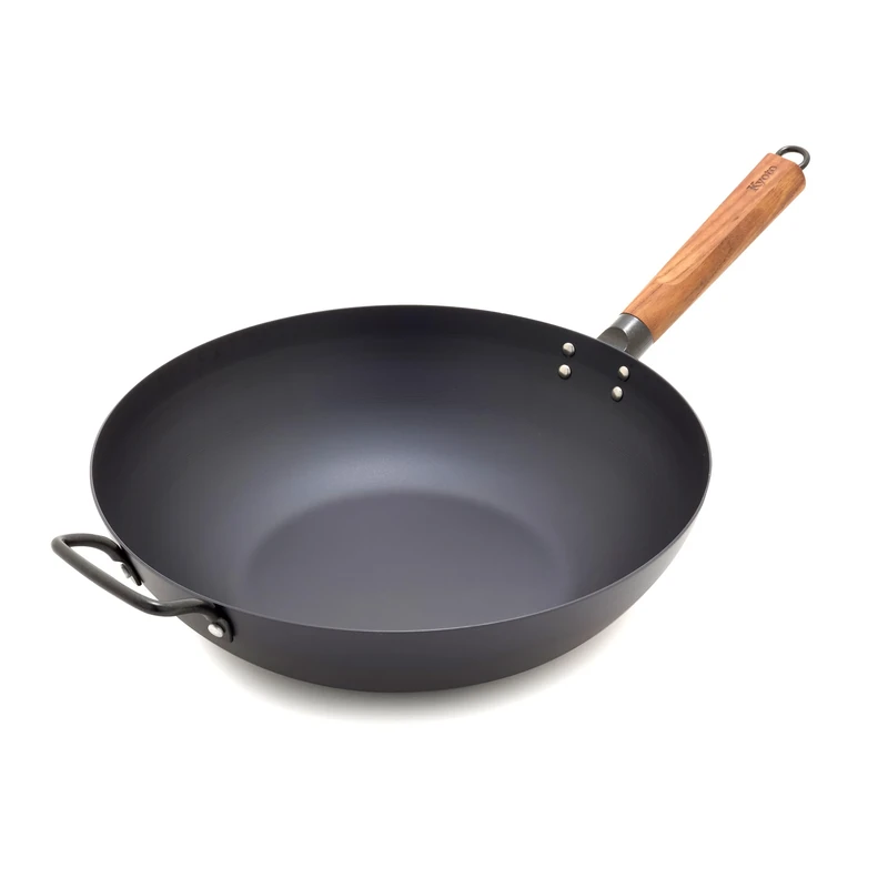 GreenPan Carbon Steel Wok 12”, Flat Bottom, Durable Stir-Fry Pan, Pre-Seasoned Nonstick Patina, High Heat Retention, Induction, Ash Wood Handle, Kyoto, Black