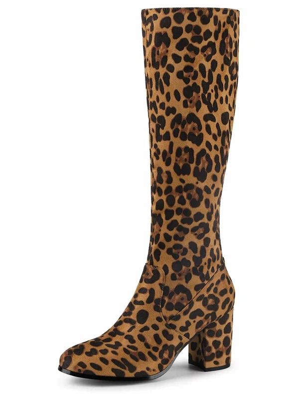 Allegra K Women's Side Zip Chunky Heel Leopard Knee High Boots - 8 M US
