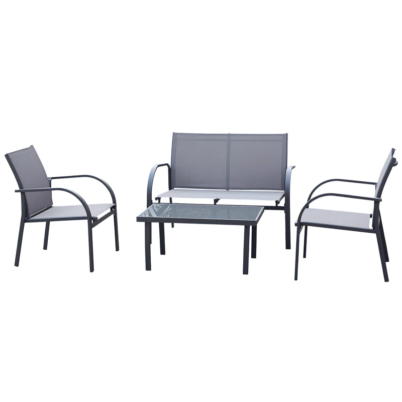 Outsunny 4 Pcs Curved Steel Outdoor Furniture Set w/Loveseat, 2 Texteline Seats, Glass Top Table Garden Balcony Patio Furniture For Family Party Events Guests -Grey