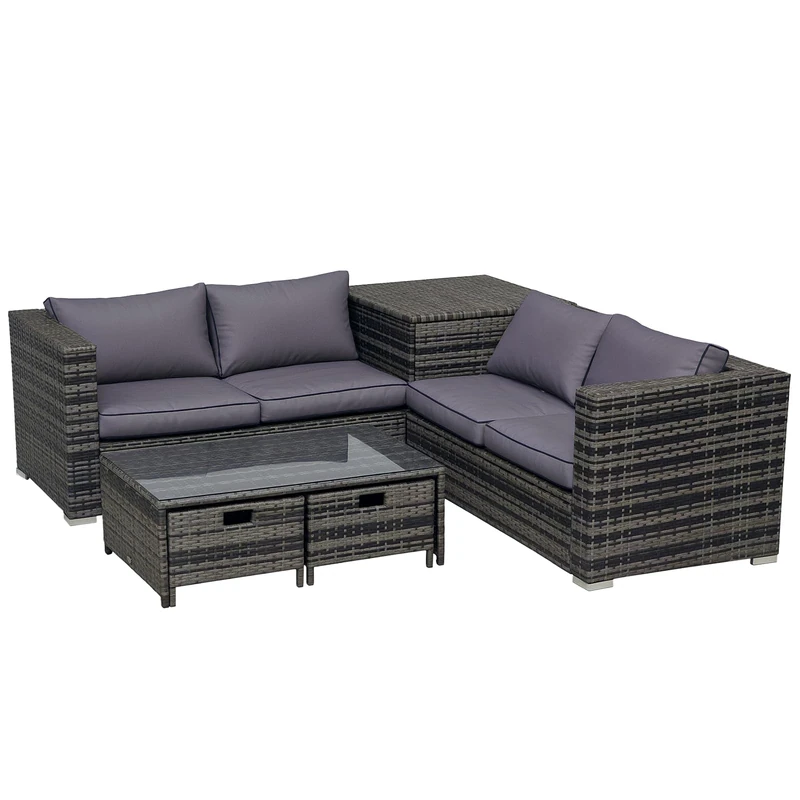 Outsunny 4 Pieces Rattan Garden Furniture Set, 4 Seater Corner Sofa Set with Storage Box, 2 Drawers Coffee Table, Loveseats with Cushions, Wicker Garden Conservatory Furniture for Balcony, Grey
