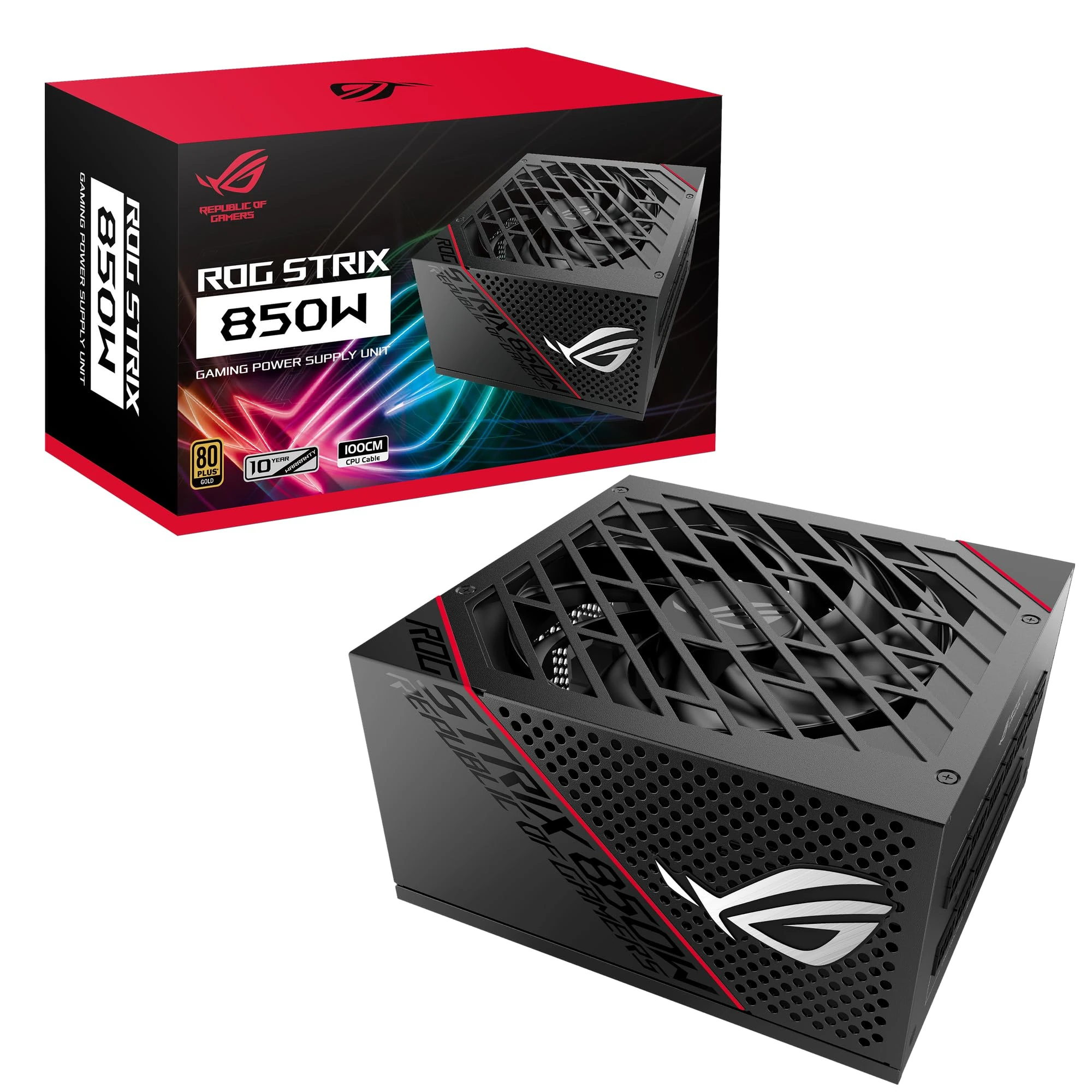 ASUS ROG Strix 850W Gold PSU, Power Supply (ROG heatsinks, Axial-tech fan design, dual ball fan bearings, 0dB technology, 80 PLUS Gold Certification, fully modular cables, 10-year warranty)