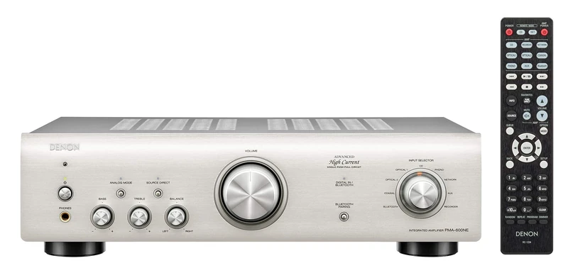 Denon PMA600NE HiFi Amplifier, Power Amplifier with Bluetooth, Phono Equalizer, 1x Coaxial & 2x Optical Inputs, Subwoofer Output, Analog Mode, Music Streaming - Silver
