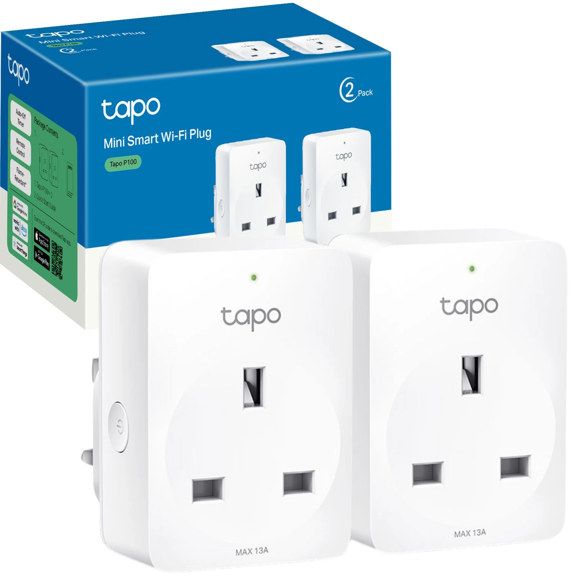 Tapo P100 (2-Pack) Smart Plug, Wi-Fi Plug, App Remote Control, Alexa Plug, Voice Control with Alexa & Google, Away Mode, Scheduling & Timer, Device Sharing, Easy Set Up, Multiple Safety Guarantees