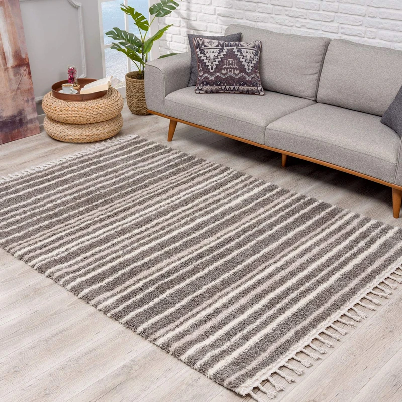 carpet city Shaggy Rug High Pile Grey/Cream Modern Super Soft with Pattern Living Room Size 120/160 cm 120 x 160 cm