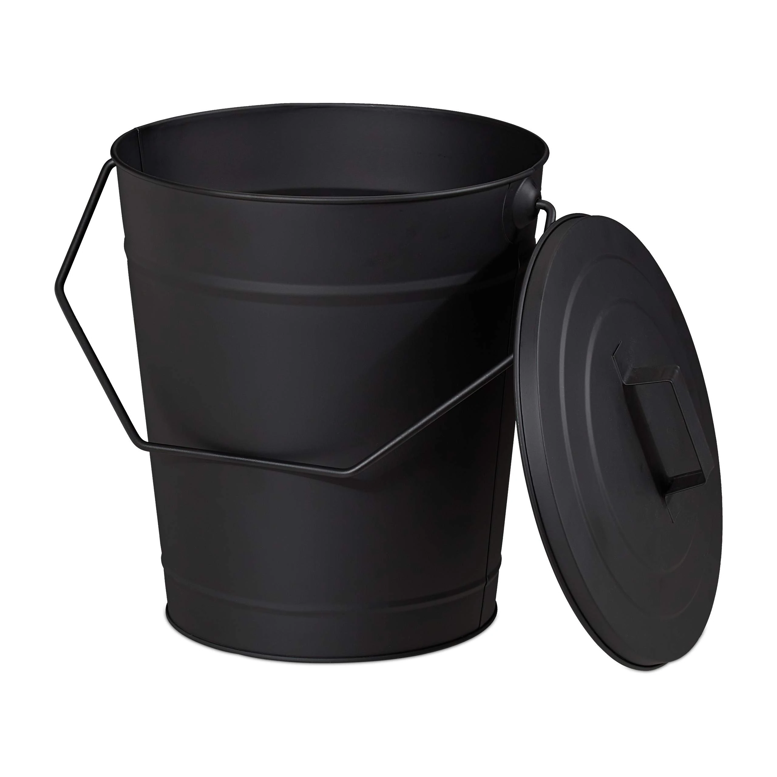 Relaxdays Ash Bucket with Lid, 12l, Charcoal Bin with Handle, Round, Fireplace/Stove/Barbecue, HWD: 34x32.5x28 cm, Black