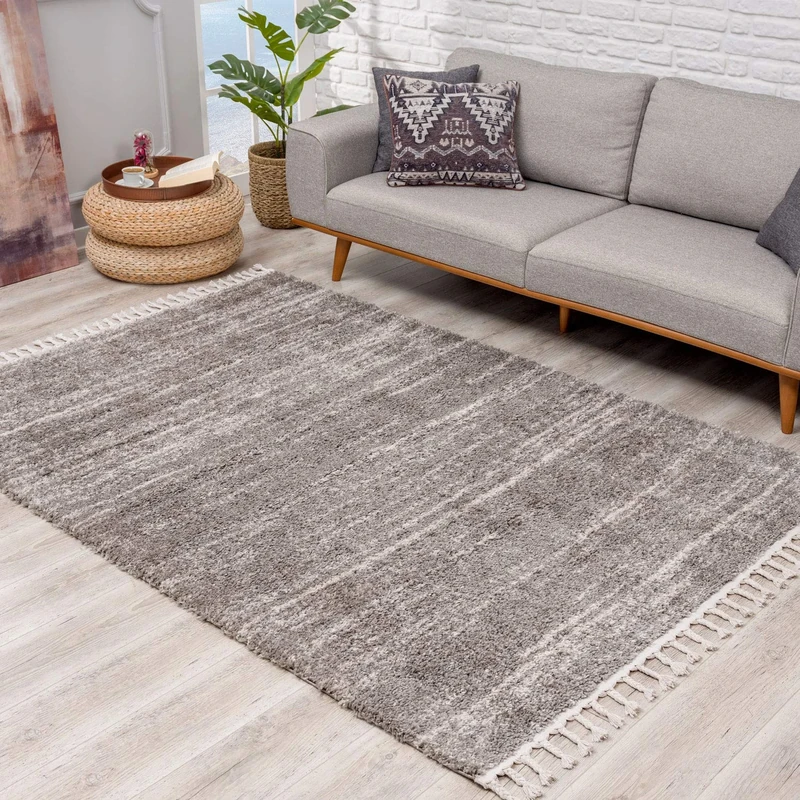 High Pile Living Room Rug Ethnic Style Mottled 80 x 400 cm Grey Cream