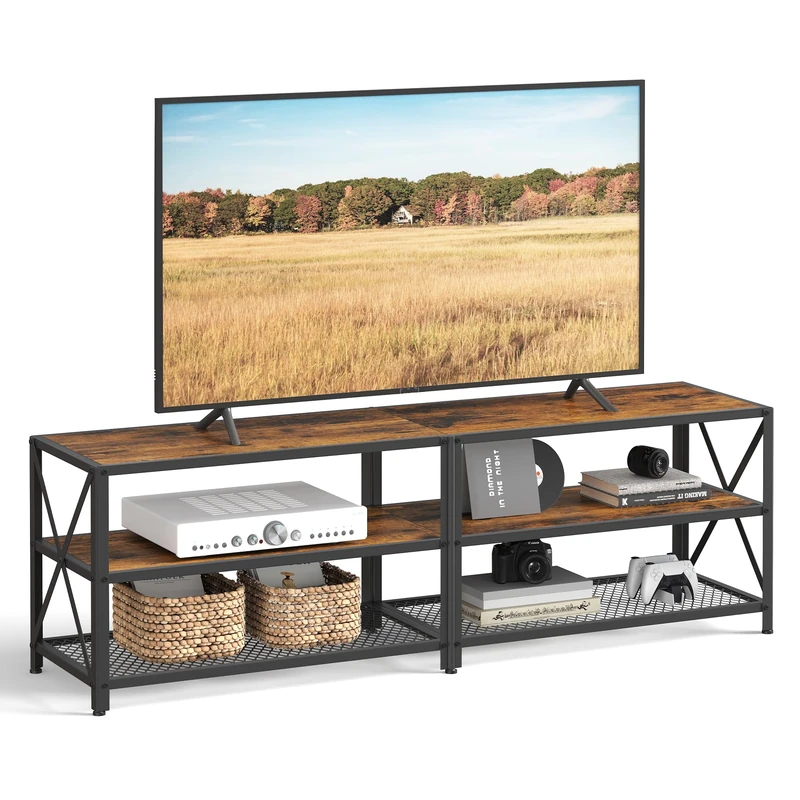 VASAGLE TV Stand, TV Table for TV up to 70 Inches, with Shelves, Steel Frame, Living Room, Bedroom Furniture, Rustic Brown and Black LTV095B01
