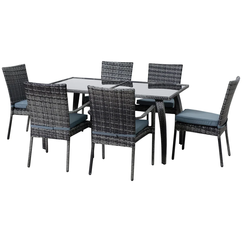 Outsunny 6 Seater Rattan Dining Set with Cushions, Rattan Garden Furniture Set, Outdoor Dining Table and Chairs with 6 Stackable Armchairs, Rectangular Glass Top Table for Patio, Balcony, Grey