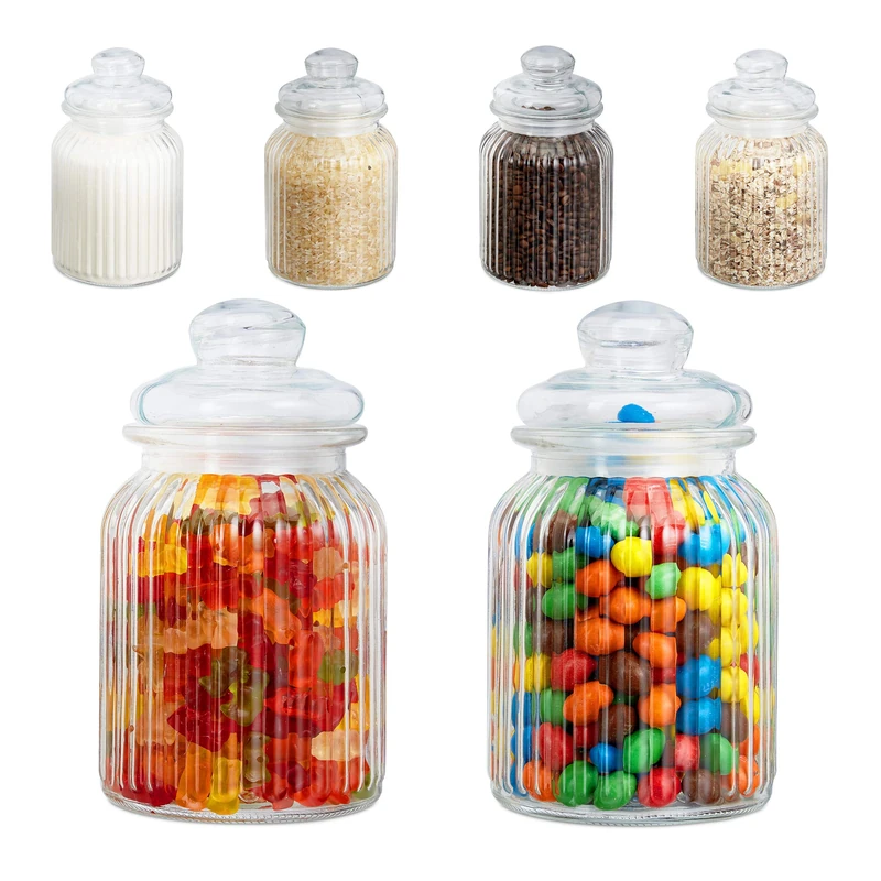 Relaxdays Glass Jars Pack of 6, 1000ml, Airtight Lid, Decorative Food Storage, Wedding Candy Bar Set, Vintage, Clear
