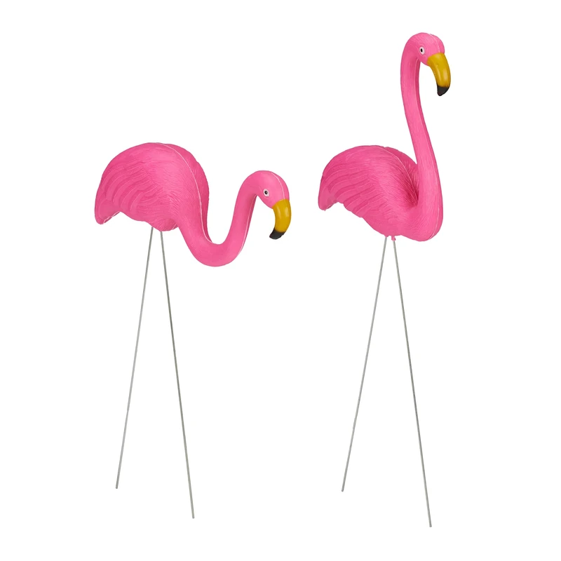Relaxdays Flamingo Garden Ornament, Set of 2, Outdoor Decoration, Tropical, Balcony, Plastic, Metal, 2 Sizes, Pink