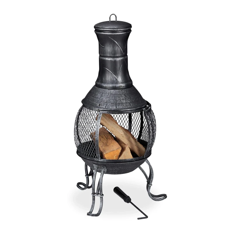 Relaxdays Chiminea, Patio Heater, Poker, Grate, Spark Guard, Patio,Terrace, Antique Look, Firepit, Height 89 cm, Grey