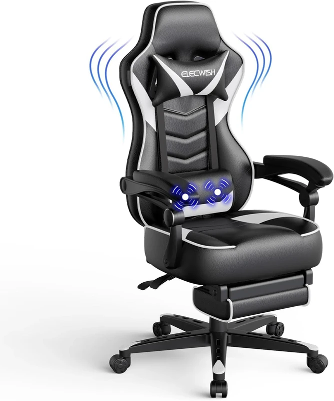 Fullwatt Video Gaming Chair Massage with footrest Office Chair with Massage Lumbar Support Swivel Reclining Chair with Racing Style Armrest PU Leather High Back Adjustable Task Chair(White)