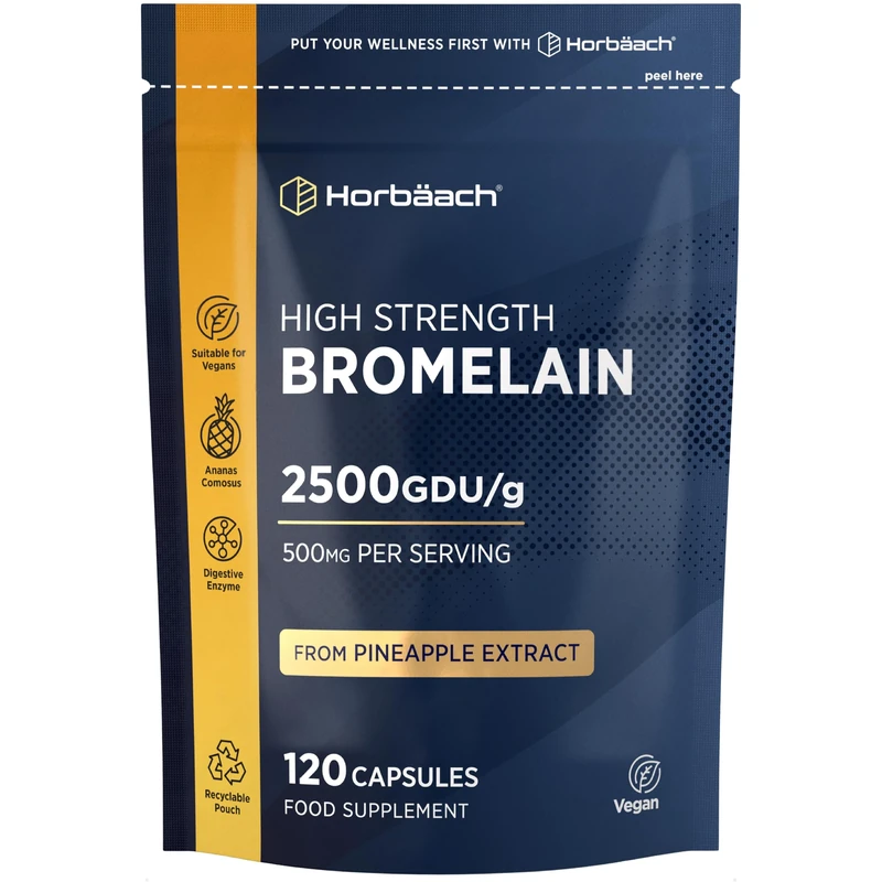 Bromelain Capsules 500mg | 2500GDU/g High Strength Digestive Enzyme Supplement from Pineapple Extract | 120 Vegan Capsules | by Horbaach