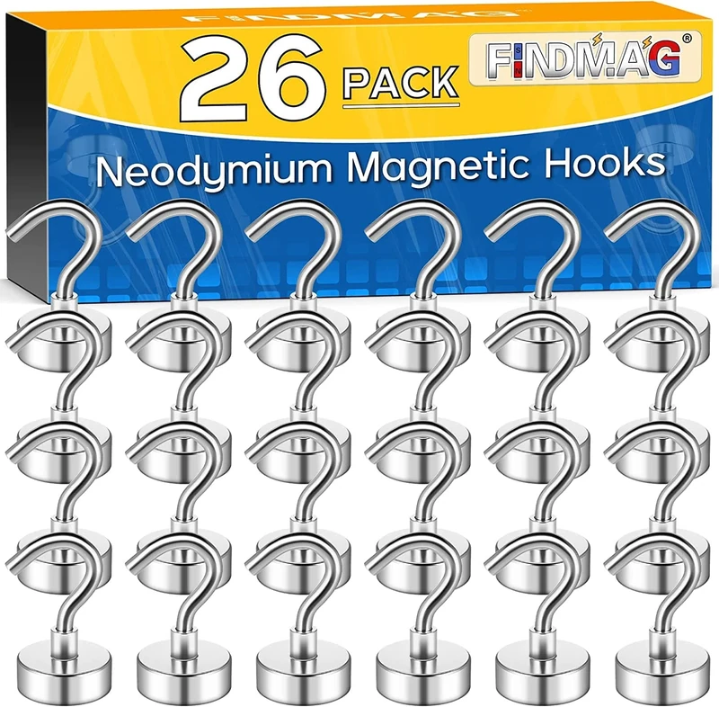 FINDMAG Magnet Hooks, 30 LB Neodymium Magnetic Hooks for Cruise Cabins, Strong Metal Hook for Cruise Ship Walls, Locker, Toolbox, Storage, Grill, Towel, Magnetic Ceiling Hook, 26 Pack, Silver