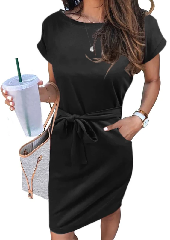 Merokeety Women's Summer Striped Short Sleeve T Shirt Dress Casual Tie Waist with Pockets, Solid Black, M