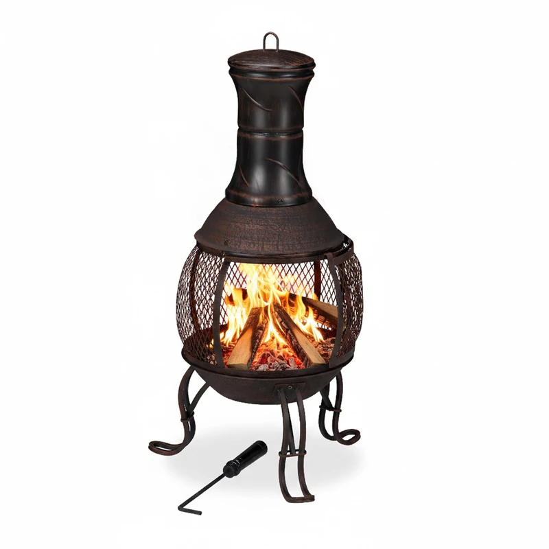 Relaxdays chiminea, fire poker, grate, spark guard, garden, outdoor, fire pit, height 89 cm, gold