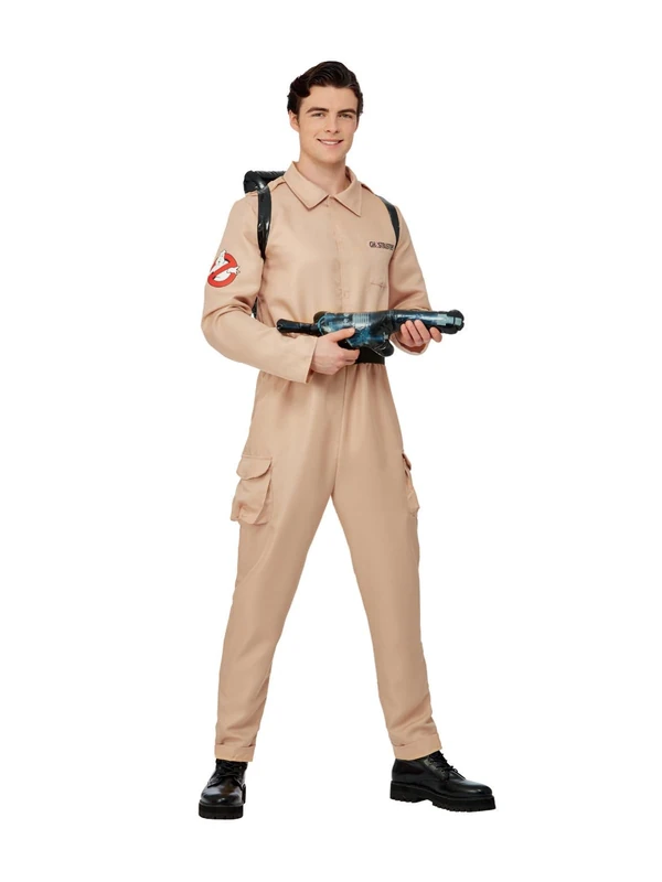 Smiffys Ghostbusters Men's Costume for Adults, Jumpsuit and Inflatable Backpack, Beige, Officially Licensed, Perfect for Halloween, Groups, and 80s Theme Fancy Dress Events - Image 1