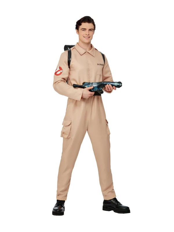 Smiffys Ghostbusters Men's Costume for Adults, Jumpsuit and Inflatable Backpack, Beige, Officially Licensed, Perfect for Halloween, Groups, and 80s Theme Fancy Dress Events