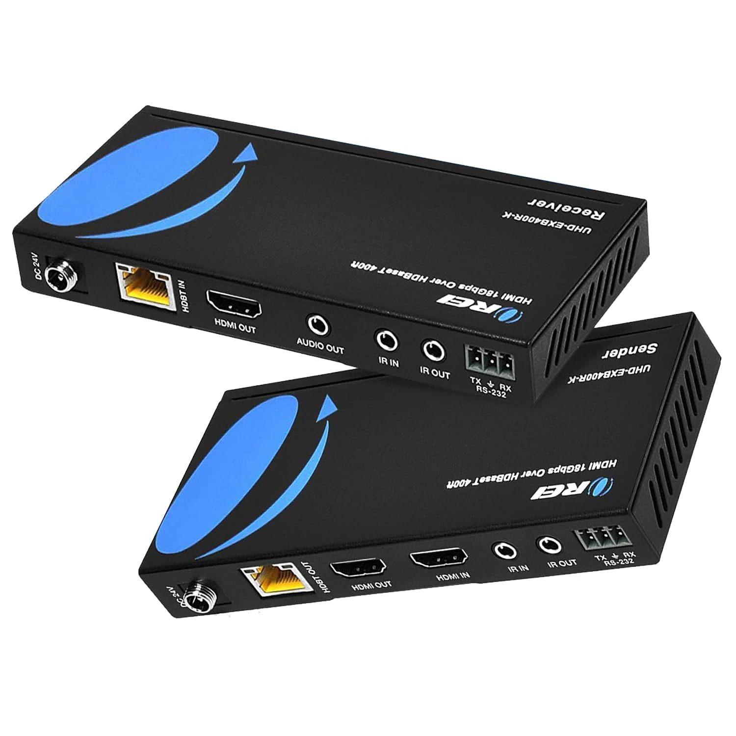 OREI 4K HDMI Extender Balun HDBaseT UltraHD 4K @ 60Hz 4:4:4 Over Single CAT5e/6/7 Cable with HDR, CEC & IR Control, RS-232 - Up to 400 Ft - Loop Out - Power Over Cable - Audio Out (UHD-EXB400R-K)