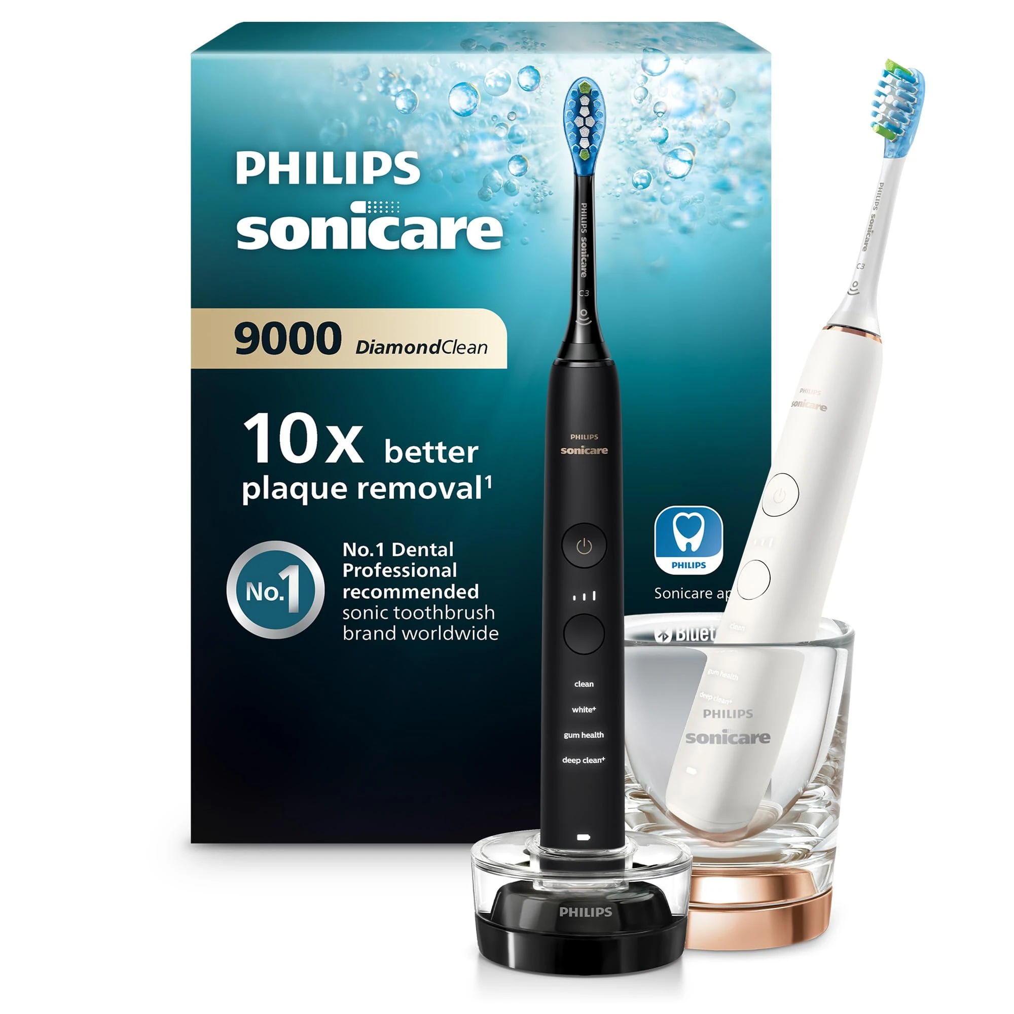 Philips Sonicare DiamondClean 9000 Electric Toothbrush, Sonic Toothbrush with App, Pressure Sensor, 4 Brushing Modes, 3 Intensity Levels, Charging Glass, Black & Rosegold, Dual Pack, Model HX9914/57