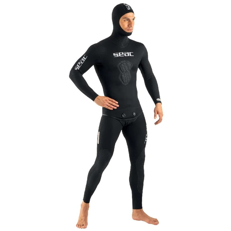 SEAC Men's Black Shark, Two-Pieces 5 mm Open-Cell Neoprene Wetsuit for Spearfishing and Diving Activities, M