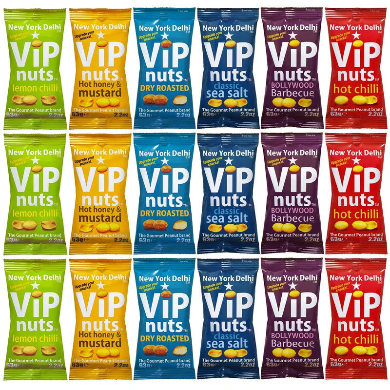 New York Delhi ViPnuts, Selection Box (18 x 63g) 6 to 7 Flavours, Hot chilli, Lemon, BBQ, Honey & Mustard, Cheese & Onion, Classic, Dry Roasted Flavoured Peanut, High Protein. 18 assorted Packs
