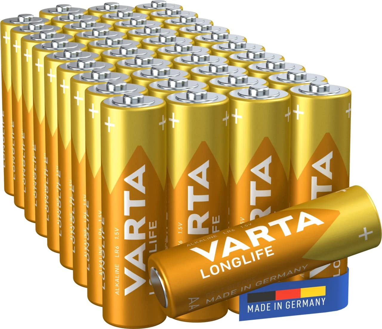 VARTA AA batteries, pack of 40, long-life, alkaline, 1.5 V, for remote controls, radios, clocks, made in Germany