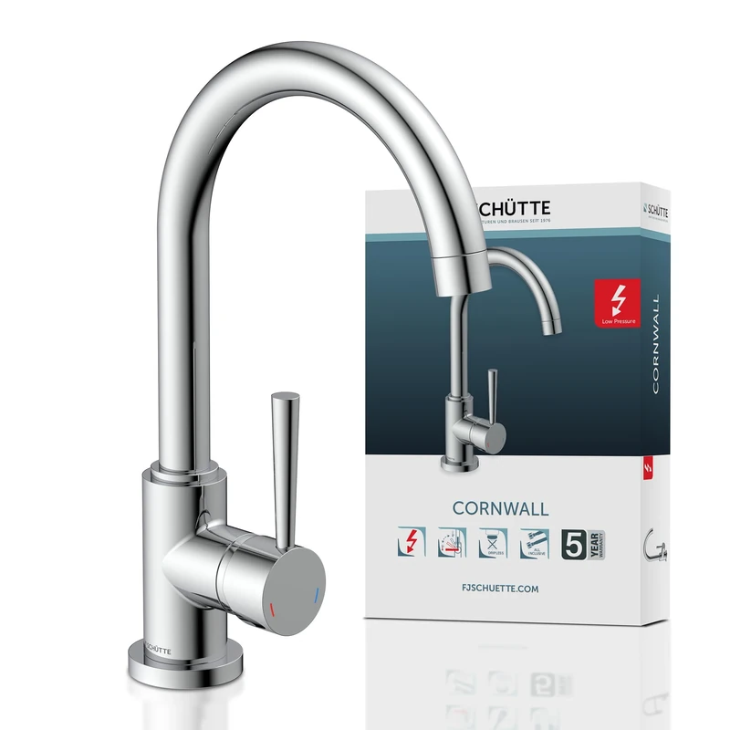 SCHÜTTE 79119 Cornwall Kitchen Tap Low Pressure Sink Mixer Tap with High Spout, Single Lever Mixer, Energy Saving, 360° Swivel, Kitchen Tap, Sink, Chrome
