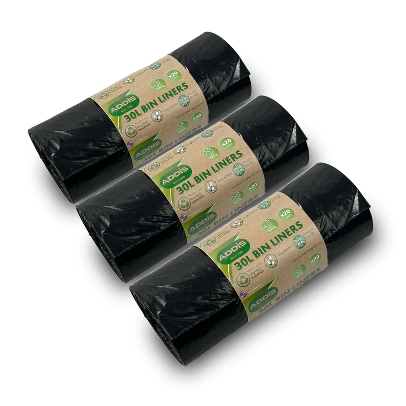 Addis 30 litre Indoor Kitchen Waste Trash bin liners, Bulk 3x 20 roll pack, total 60 liners, Black