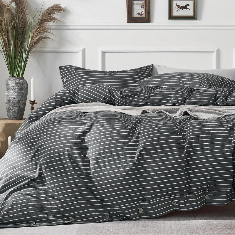 JELLYMONI Cotton Duvet Cover Queen Size - Gray Pinstriped Comforter Cover with Button 100% Washed Cotton 3PCS Breathable Soft Solid Bedding Set Duvet Cover 90×90in & 2 Pillowcases (NO Comforter)