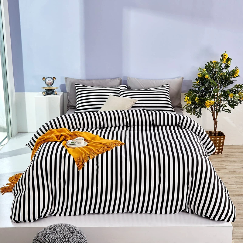 Karever White and Black Striped Comforter Set Full/Queen Soft Durable Striated Bedding Set Ticking Quilts for Girls Boys Hotel Quality