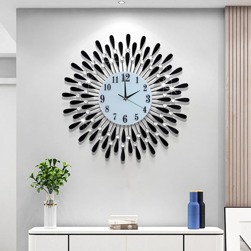 JUGV 23.6 INCH Wall Clock for Living Room Decor,Non-Ticking Quiet Metal Petals Dial Glass Large Wall Clock Black for Bedrooms Kitchen and Small Space Wall Clocks Decorative
